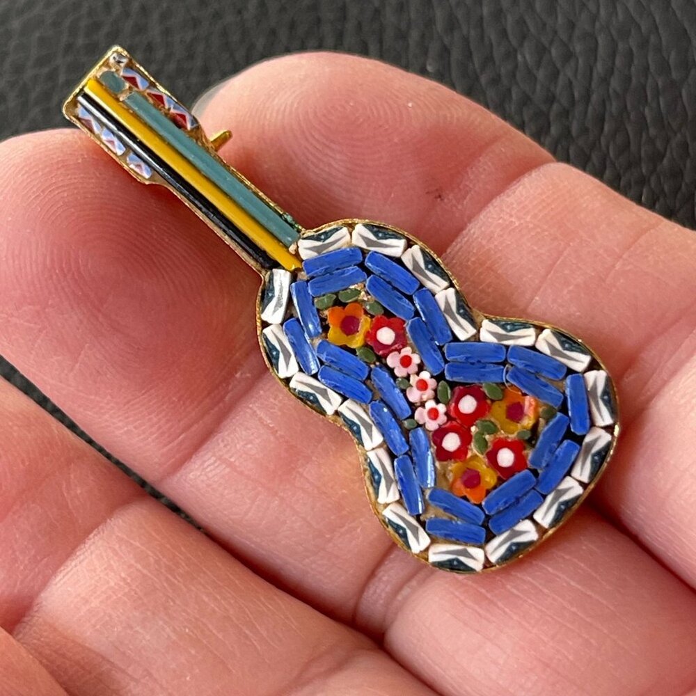 Vintage Italian Micro Mosaic Guitar Brooch Pin Gold Tone 1.75 in Signed Italy